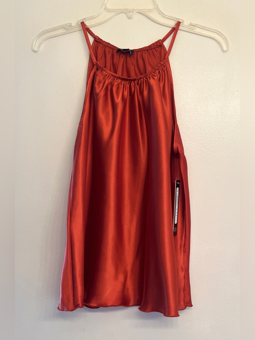 Nicole Miller New York halter top shimmering satin rust-orange/soft red hue. XS